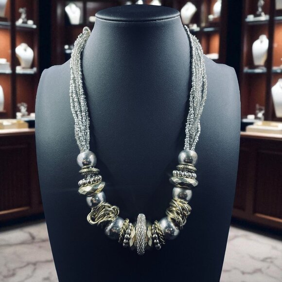 Chunky Beaded Statement Necklace Silver Gold Mixed Metal Boho Bold Jewelry Trend - Picture 1 of 9